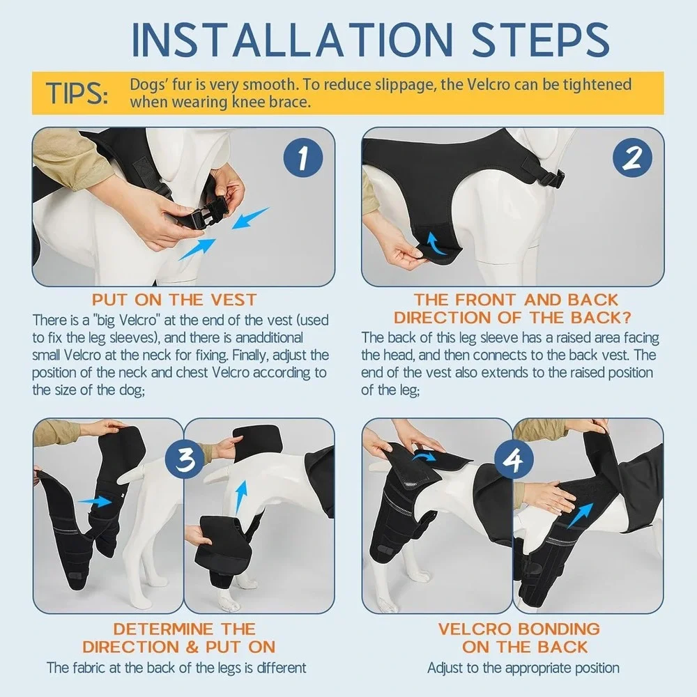Marnonsis XS Dog Knee Brace Hind Leg ACL Support 4 Stabilizers Black‎